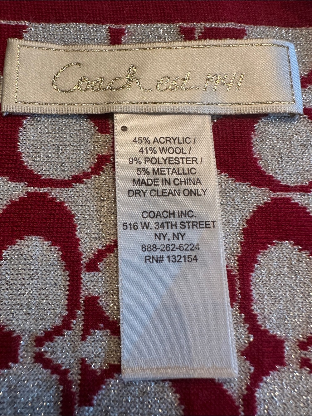 Coach Metallic Silver and Red Signature Logo Scarf - Picture 2 of 3